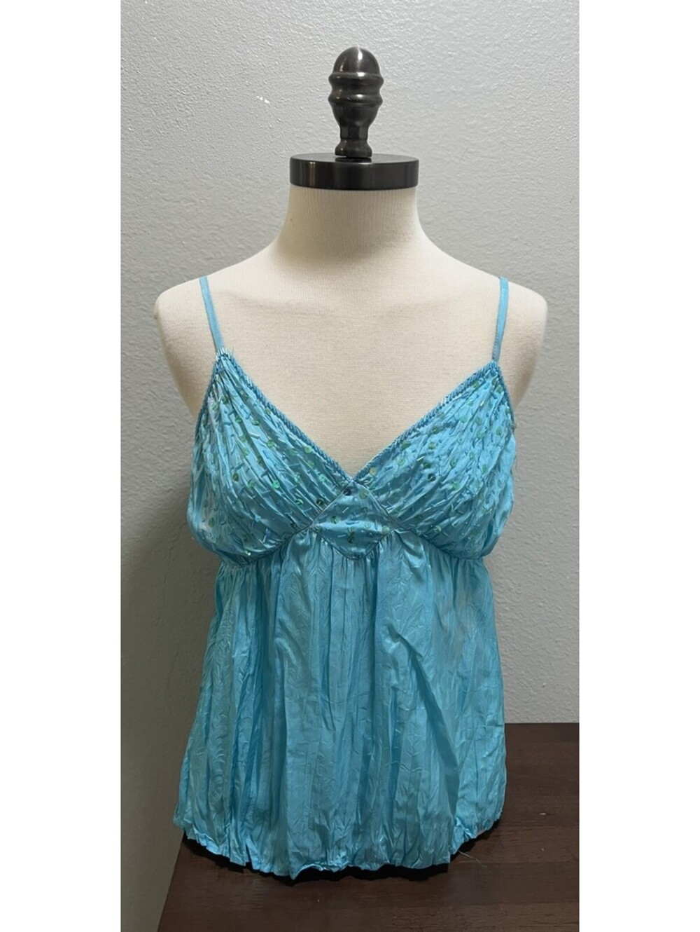 VTG Forever 21 Beaded Silk Blue Babydoll Blouse Sz M Y2K